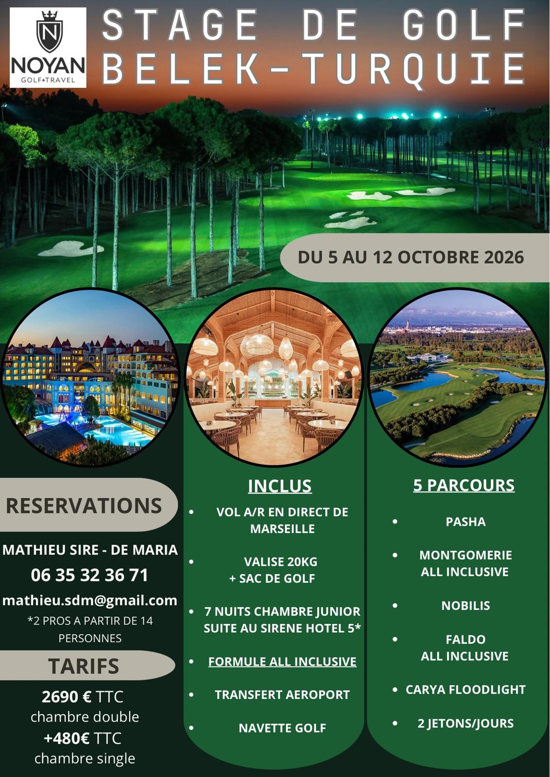 Stage de golf Belek Turquie du 5 au 12 octobre 2026